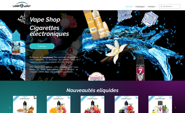Vapoway | Vape Shop: Conception et réalisation du site.
Optimisation des photographies.
Mise en forme version mobile.
Référencement SEO.
Mise en conformité réglementaire : mentions légales, politique de confidentialité (RGPD), CGV.