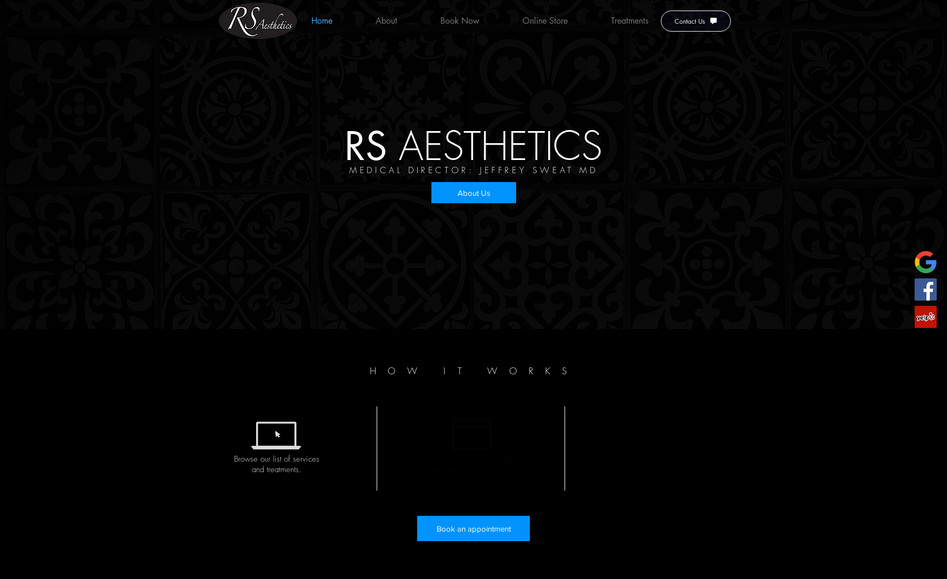 RS AESTHETICS: Client had an existing Wix site with rich content but felt it needed a more elegant home. The solution was a new site with a focus on the clients color choice and their clients in mind. We integrated the site with their existing booking system and built a home page that guides the end user through the site with ease.