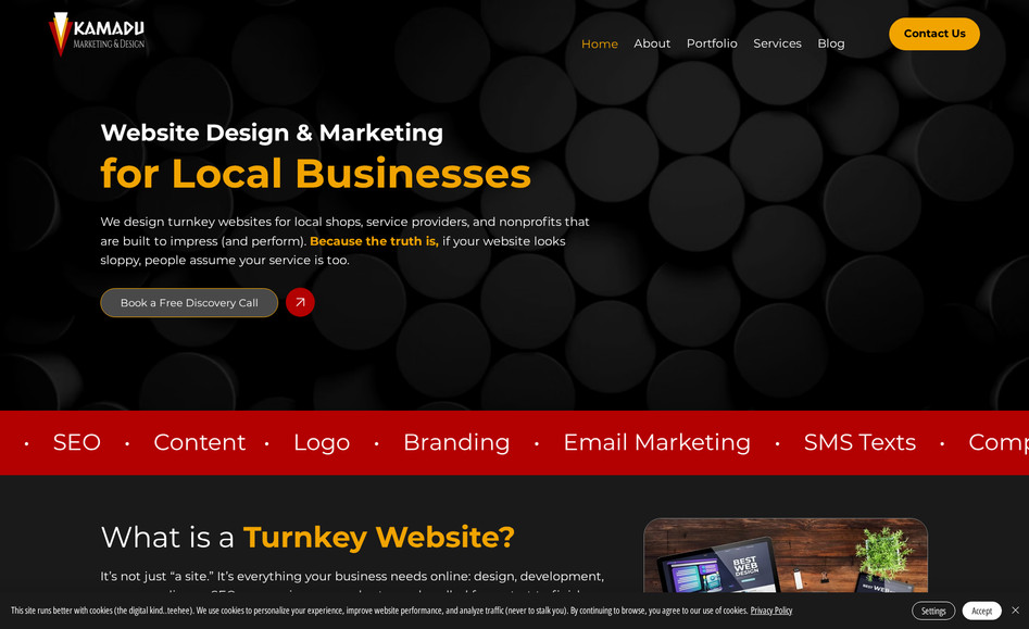 Kamadu Marketing: This our own website, but still, we handled everything: website design, copywriting, SEO, privacy compliance, ADA accessibility, form creation, navigation, desktop + tablet + mobile responsiveness, analytics set up, and more.