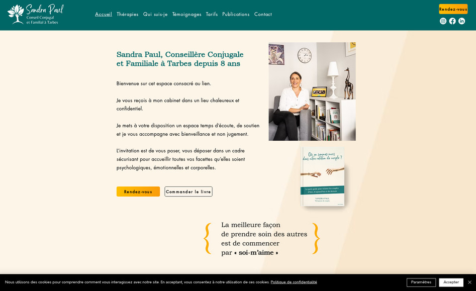 Sandra Paul: - Définition du contenu du site internet
- Création, configuration et remplissage du site
- Adaptation au fur et à mesure de l'évolution de l'entreprise vers de nouveaux services
- Propositions d'amélioration et nouvelles idées business
Sandra Paul est devenu la référente en Conseil Conjugal et Familial au sein de sa région, les Hautes-Pyrénées. La création du site ainsi que les actions de communication menées en parrallèle ont contirbué à renforcer sa notoriété, son image et l'écriture d'un guide pour les couples.