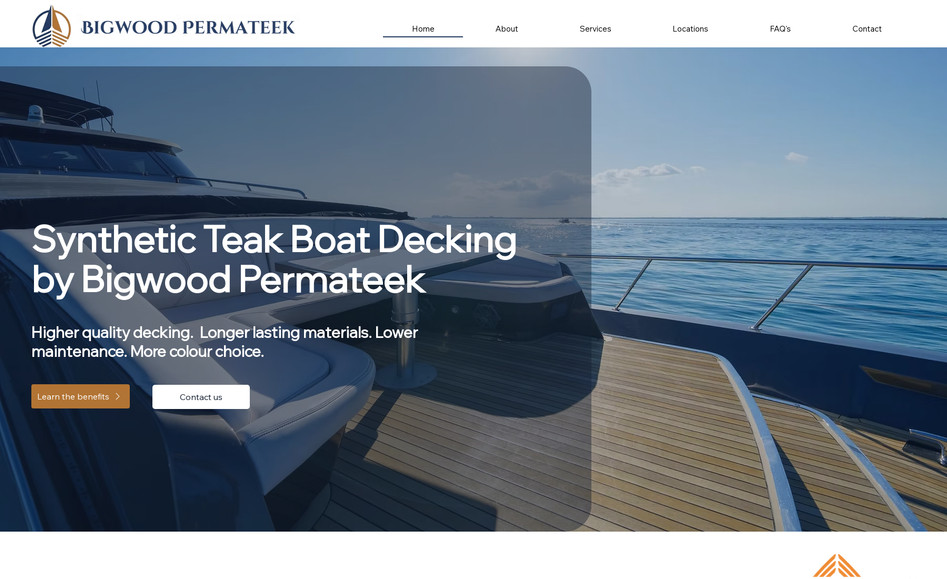 Bigwood Permateek: A responsive, high end yacht decking website with service breakdowns, FAQ's and trade-specific content.