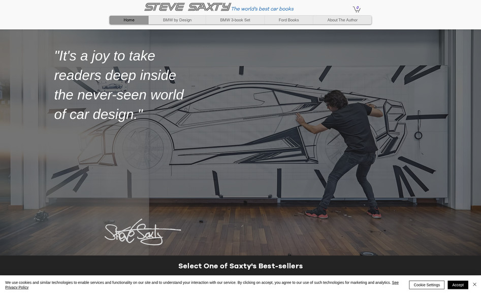 Author Steve Saxty: Website developed for a book about BMW and Ford's designs. Implemented video, forms, design based on the books themes, and online store.