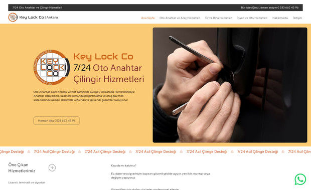 Keylockco: Ankara’da 7/24 çilingir hizmeti sunan Key Lock Co için hızlı, güven odaklı ve yerel SEO uyumlu bir web deneyimi tasarladık.