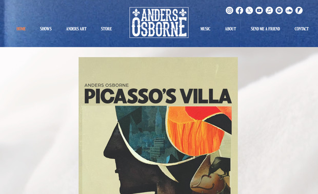 Anders Osborne: Indie artist - website shows off Wix's mouse tracking features.