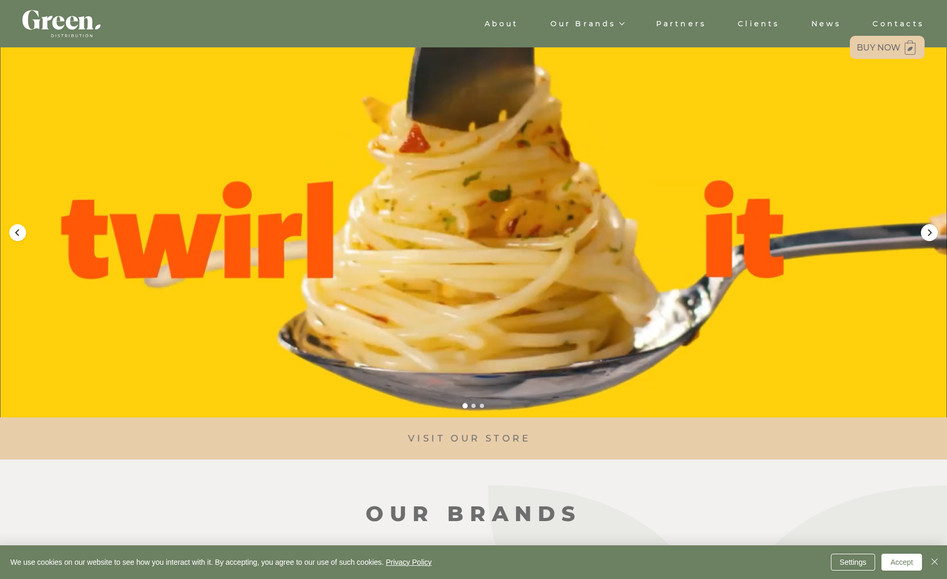 Green Disribution: A website created on Wix Studio for Green Distribution, a food supplier and distributor in Europe. The site features a product catalog, online store, company services, and SEO optimization. Customers can make purchases online.