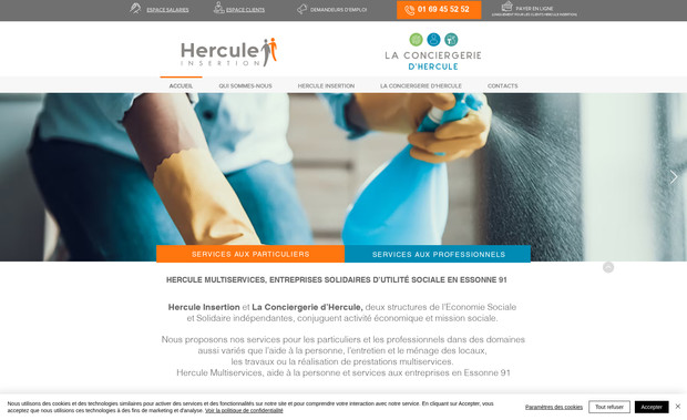Hercule Insertion: Activité : service à la personne et aux entreprises.
Nous avons travailler sur une arborescence permettant de présenter un cas complexe d'activités s'adressant à la fois à des particuliers et des professionnels.
Nous avons mis en valeurs un certain nombre de données chiffrées et de renseignements pratiques.
Le webdesign, le choix des visuels et la rédaction des contenu ont été entièrement réalisés par notre agence.
De nombreux boutons ont été disposés sur les pages de façon à obtenir des informations complémentaires et créer de l'interactivité.