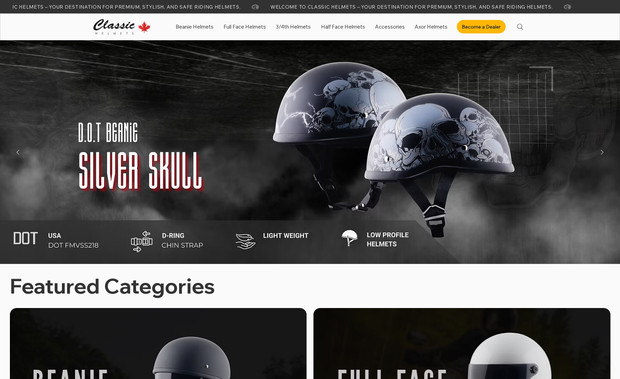 Classic Helmets: Classic Helmets is a Canadian e-commerce platform specializing in premium motorcycle helmets. The website offers a curated selection of helmets, including beanie, full-face, open-face, and half-face styles, catering to various rider preferences. Each product is designed to provide both safety and style, ensuring riders can find the perfect fit for their needs.

The website's design is user-friendly, featuring intuitive navigation and a clean layout that enhances the shopping experience. Detailed product descriptions and high-quality images assist customers in making informed decisions. Additionally, the platform offers a dealer program, allowing businesses to partner and expand their offerings.

Classic Helmets is headquartered in Edmonton, Alberta, Canada, and provides customer support through various channels, including phone and email. The website is developed by Reputes, showcasing their expertise in creating functional and aesthetically pleasing e-commerce platforms.
