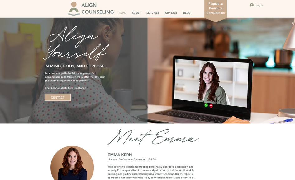 Align Counseling: Centered, grounded, and quietly powerful — Emma Kern / Align Counseling’s website embodies the calm clarity of therapeutic connection. Midnight Boheme shaped a design that balances soft, inviting visuals with confident structure: gentle, flowing layouts guide visitors through services like life transitions, substance use counseling, and career growth, while warm photography and nurturing colors encourage trust and safety. The voice is compassionate and whole-person focused, emphasizing alignment of mind, body, and purpose. The result is a digital presence that feels both professional and personal — a space where clients can begin to heal, explore, and reconnect.