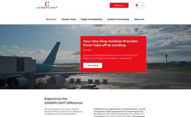 CARDIFLIGHT: Cardiflight — a dynamic and elegant website for an aviation booking service specializing in private and business flights. The project focused on creating a premium experience with a fast booking interface, visually strong imagery of aircraft, and intuitive service navigation. The design conveys reliability, luxury, and efficiency for high-end clients.