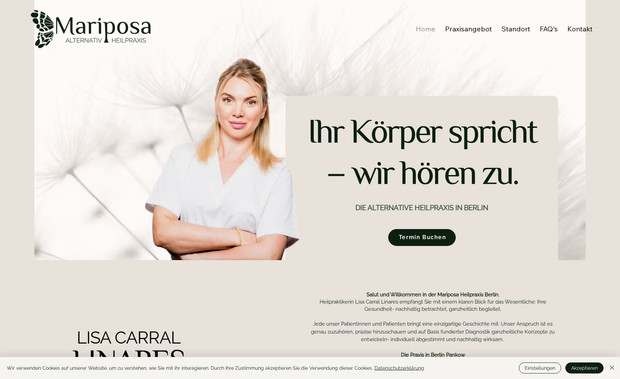 Praxis Mariposa: For Praxis Mariposa, we developed a complete brand concept based on market analysis and designed a new, SEO-optimised website. Our work included refining the tone of voice, brand values, mission statement, and visual identity, as well as creating structured service descriptions, keyword-driven meta content, and a clear, patient-friendly layout. The site was designed to educate visitors about her services while making the booking process simple and intuitive.