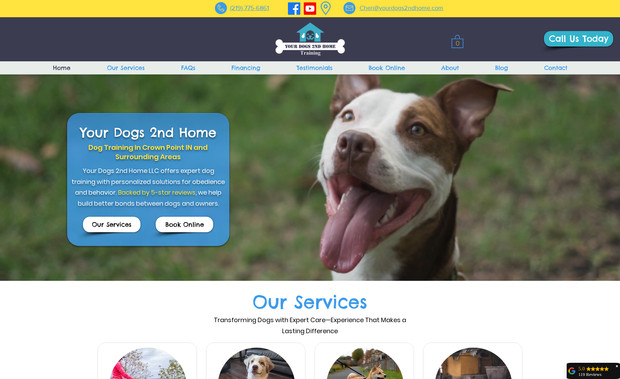 Your Dogs 2nd Home : We designed and developed a user-friendly, mobile-optimized website for Your Dog’s 2nd Home, a dog training business based in Crown Point, IN. The site features:
	•	Clear service pages for behavior modification, private lessons, leash walking, and boundary training.
	•	Online booking integration that makes it simple for clients to schedule training sessions.
	•	SEO-focused structure with localized keywords (“dog training Crown Point IN”) to improve search visibility.
	•	Testimonials and reviews section to build trust and credibility with potential clients.
	•	Blog setup to support ongoing content marketing and SEO growth.
	•	Contact forms and click-to-call features for fast communication with the trainer.
	•	Modern, clean design with professional imagery to highlight services and brand personality.

This build ensures the business has a strong digital presence, drives qualified leads, and makes it easy for dog owners to connect with training services.