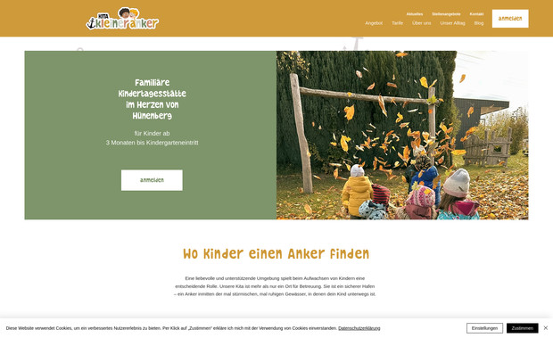 Kita Kleiner Anker: Für die Kita Kleiner Anker wurde eine freundliche und einladende Website entwickelt, die Eltern alle wichtigen Informationen auf einen Blick bietet. Mit Wix Editor entstand ein benutzerfreundlicher Webauftritt, der die Werte der Kita widerspiegelt und Vertrauen aufbaut.

Projektschwerpunkte:
– Erstellung einer modernen Website mit Wix Editor
– Übersichtliche Darstellung von Betreuungsangeboten und Tagesabläufen
– Integration eines Kontaktformulars für Anfragen und Anmeldungen
– Bildergalerie zur Vermittlung von Eindrücken aus dem Kita-Alltag
– Responsives Design für eine optimale Nutzung auf allen Geräten
– Suchmaschinenoptimierung (SEO) zur besseren Sichtbarkeit