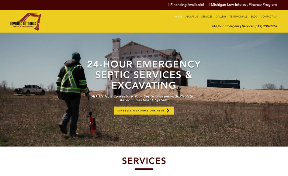 Anything Outdoors: Wix editor website design for septic company and ongoing SEO management.