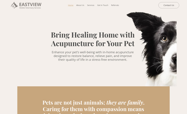 Eastview Mobile Vet : We designed the logo, crafted the brand identity, and handled the web design and development for Eastview Mobile Vet, working closely with the client to bring her vision to life. She wanted something very minimal but wasn’t sure what she had in mind, so we guided the creative process to create a clean, professional, and approachable brand.
