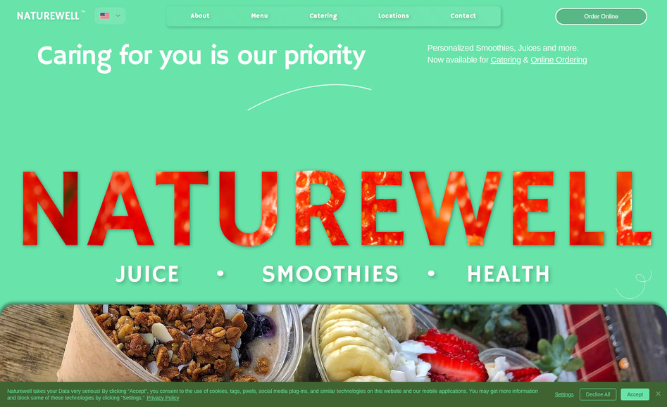 Naturewell: Generating a Lead Form for Catering and an Online Ordering Page in combination with an unique and fresh color design thats fits to the bold colors of the brand