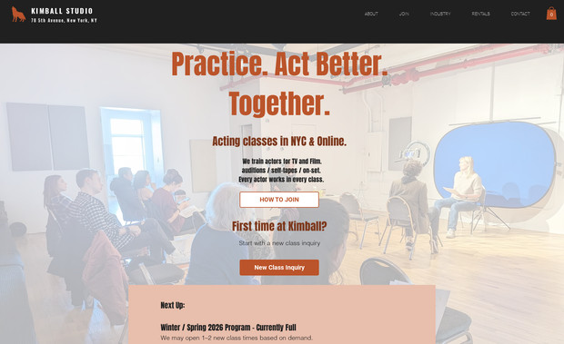 Kimball Studio - Custom landing pages with SEO: Overview:
Developed multiple features and landing pages for Kimball Studio, a leading acting studio in New York. The work included crafting dynamic content experiences using Wix CMS, custom-designed pages for their 6-week intensives, and seamless integration with Wix Bookings for class scheduling. The goal was to balance performance, aesthetics, and user engagement for prospective and current students.

Project Breakdown:
1. Custom Landing Pages
- Designed high-converting landing pages for programs like the 6-Week Acting Intensive
- Ensured strong mobile responsiveness and compelling visual storytelling

2. Dynamic CMS Structure
- Built a structured CMS to manage instructors, testimonials, and schedules with ease
- Enabled easy updates by the studio team without compromising layout or design

3. Wix Bookings Integration
- Streamlined class booking flows by customizing Wix Bookings modules
- Ensured the booking experience was fast and intuitive across devices

4. SEO & Performance Optimization
- Implemented best practices to enhance visibility for high-demand acting programs
- Focused on page speed, structured metadata, and scalable CMS use