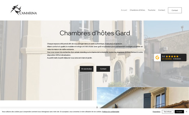 Camarina: Camarina Lodging – Création complète du site internet

J’ai conçu de A à Z le site Camarina Lodging, une offre d’hébergement dans le Gard, avec pour objectif de mettre en valeur son cadre naturel et son authenticité.

Ce que j’ai réalisé :

- Création d’une identité visuelle sur-mesure, inspirée de la nature, en cohérence avec les valeurs de la marque.

- Structuration du site pour guider les visiteurs de manière fluide vers l’information essentielle (hébergements, services, réservations).

- Webdesign personnalisé sur Wix, responsive et immersif, avec des visuels valorisant les lieux, les ambiances et les expériences proposées.

- Rédaction et mise en page des contenus.

- Optimisation SEO, pour améliorer la visibilité du site.

- Conseil et accompagnement, pour que les propriétaires puissent gérer leurs contenus.