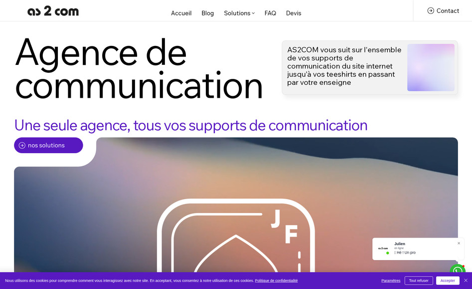 Agence AS2COM: 🌐 Projet : AS2COM.fr — Agence de communication à Velaux

Client : AS2COM (notre propre agence)
Objectif : Créer un site vitrine clair, dynamique et bien référencé pour présenter l’ensemble des services proposés par l’agence, générer des demandes de devis, et renforcer notre présence digitale.

⸻

🔧 Notre intervention :
	•	Définition de l’arborescence autour des pôles de compétences : création de site web, graphisme, signalétique, textile personnalisé, impression, marketing digital, Google My Business
	•	Conception d’un design épuré et professionnel, cohérent avec l’identité de l’agence
	•	Rédaction de contenus optimisés pour le référencement naturel (SEO) local et métier
	•	Intégration d’un formulaire de contact dynamique et call-to-action sur chaque page
	•	Création d’un blog pour développer la stratégie de contenu (SEO, expertise, actus)

⸻

✅ Résultats :
	•	Une vitrine claire de toutes les expertises de l’agence
	•	Un site qui convertit efficacement les visiteurs en clients
	•	Un outil évolutif qui centralise présentation, blog, offres et visuels
	•	Un référencement local renforcé sur les recherches liées à la communication et aux services web en Provence