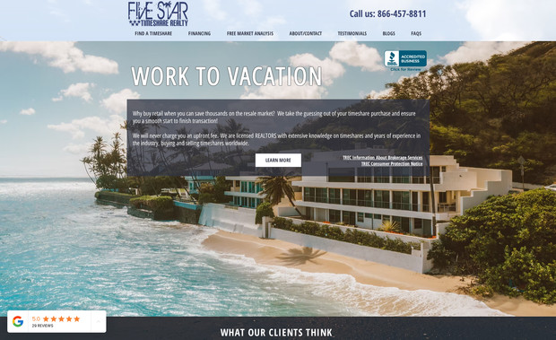 Five Star Timeshares: Timeshare realty website, designed to customer specs. Built in a search tool and repeater for their available rentals/sales. 