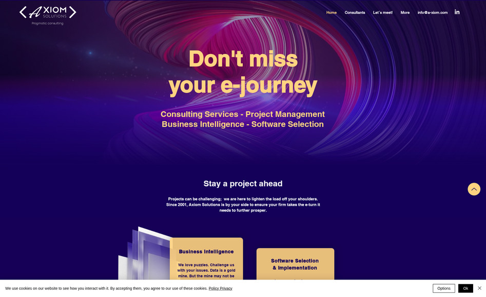 Axiom : Sitio web innovador, creativo y dinámico para empresa de Consultoría en Tecnología Empresarial. 
La paleta de colores y las animaciones son la característica principal de la web. Se desarrollo en el periodo de 10 días! También de realizo la configuración SEO y el traspaso de dominio.