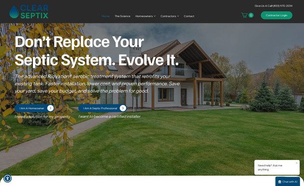 Clear Septix: Responsive website design using Wix Studio with custom member sign up form and online store behind members wall. Customized members area with custom forms for warranty registration, tax forms, etc. We also incorporated a contractor look up feature for homeowners to search for service providers in their area.