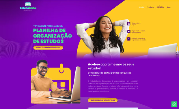 Estudo Certo: Site de venda de produto digital, totalmente otimizado para ser encontrado no google. Com design atrativo e fluidez de informações.
