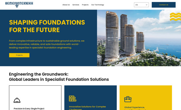Themeliotexniki: Creation of the Themeliotechniki website featuring project showcases, company information, and service descriptions. Built with a modern responsive design to highlight the firm’s construction and development work.