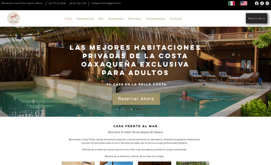 Casa Torito: Desarrollo de Sitio Web con Integración de Booking para reserva de habitaciones, reserva de espacios para eventos e información general del Hotel.