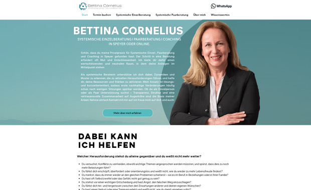 Bettina Cornelius: Für Betttina Cornelius habe ich die Website erstellt und ein Buchungssystem für Online-Sitzungen und Sitzungen vor Ort, sowie einen Blog integriert.