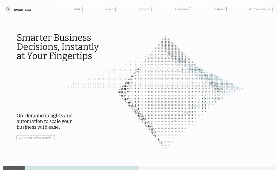 Smartflow Systems: Project: SmartFlow Systems Website Design – 2 Pages
Client Type: Business Intelligence & Automation Consultancy

Overview:
We designed a sleek and modern 2-page website for SmartFlow Systems, a consultancy focused on delivering data-driven insights and automation tools to help businesses scale smarter. The goal was to clearly communicate SmartFlow’s value in simplifying workflows, reducing overheads, and enabling real-time decision-making — all without the need for full-time analysts.

Key Features:

Homepage: Bold headline “Smarter Business Decisions, Instantly at Your Fingertips” captures attention immediately, followed by an intuitive breakdown of core services including workflow optimization, process automation, and data dashboards.

About & Services Page: A combined scrollable page that positions SmartFlow as a scalable support system for businesses — highlighting key offerings like real-time alerts, business intelligence reports, and ongoing system support.

Testimonials & Blog Section: Social proof from real clients is paired with a growing library of insights, reinforcing credibility and thought leadership.

Clear CTAs: Strategically placed buttons like “Book a Free Consultation” and “Contact Us” guide the user journey toward conversion.

Responsive Design: Fully optimized for all devices to ensure accessibility and professionalism across every touchpoint.

Design Approach:

Clean, minimalist layout with a tech-forward aesthetic.

Engaging content sections that educate and convert without overwhelming.

Strategic use of whitespace and iconography to simplify technical concepts.

Integrated blog and contact form to drive engagement and lead generation.

Result:
A sharp, conversion-focused site that positions SmartFlow Systems as a trusted partner for smarter, scalable business growth — built to convert curious visitors into loyal clients.