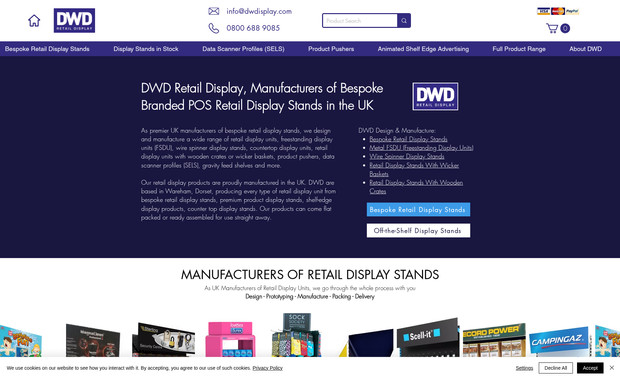 DWD Retail Display: Redesigned the DWD Retail Display website to create a fresh new look, modern colour scheme and simpler navigation for customers. Conducted full Search Engine Optimisation and successfully linked Wix Store to Google Merchant Feed. 