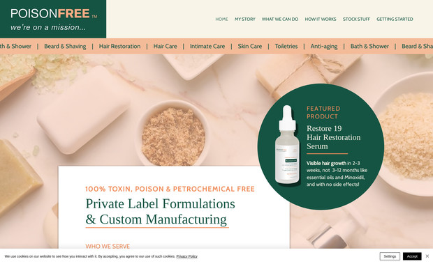 PoisonFree - Private Label Manufacturing: A personal care private label product manufacturer's website for a new brand named PoisonFree.