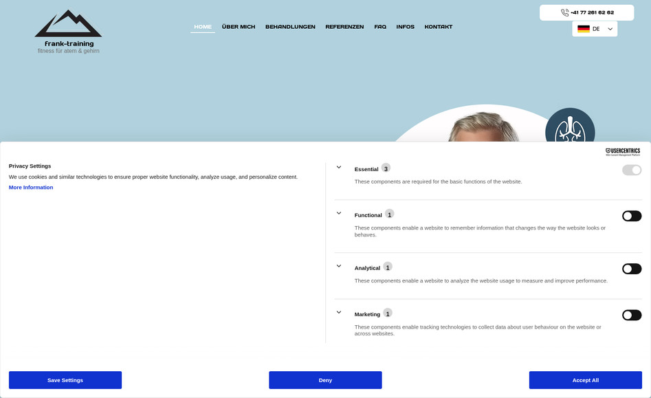 frank-training.ch: I designed and developed the website for Frank Training, a specialized fitness and training service that focuses on helping individuals achieve their personal health and fitness goals. 

The website is crafted to reflect the brand's dedication to personalized training and holistic well-being, using a sleek and professional design.

To enhance the user experience, I incorporated features such as a detailed service overview, client testimonials, and an easy-to-use contact form. These elements provide potential clients with clear information and the ability to easily connect with the team for personalized consultations.

The objective was to build a website that effectively communicates the expertise and personalized care offered by Frank Training, making it a valuable resource for anyone looking to improve their fitness and well-being.


