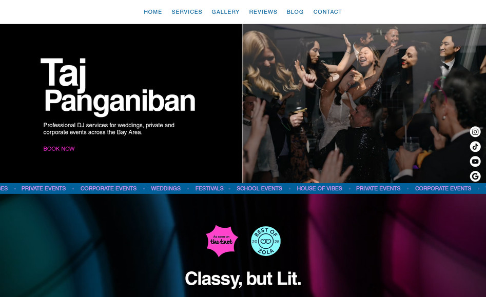 Taj Panganiban DJ: Redesigned a Bay Area wedding DJ’s website to create a modern, professional, and mobile-friendly experience. The new Wix site features clean visuals, streamlined navigation, and clear booking pathways to help convert engaged couples into inquiries. I integrated contact forms, foundational SEO, and organized service details for weddings and events. The result is a polished, conversion-focused website that elevates credibility and drives bookings.