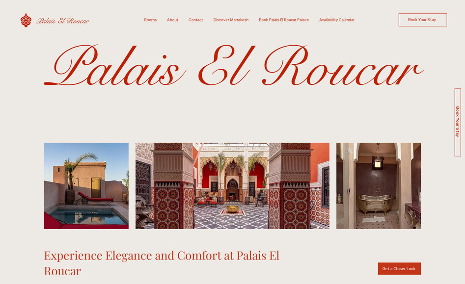 Palais El Roucar: A visually immersive Wix Studio site designed to showcase a high-end Moroccan guesthouse. It features elegant design, multilingual navigation, and dynamic galleries to highlight the property’s architecture and amenities. Integrated booking prompts, SEO targeting for international travelers, and mobile responsiveness ensure a seamless experience for global guests seeking luxury and authenticity.