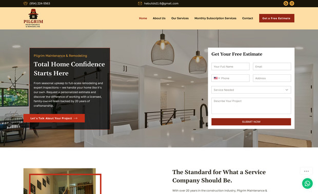 Pilgrim Maintenance: I led the UI/UX redesign of the Pilgrim Maintenance & Remodeling website to improve user engagement, readability, and service accessibility. The site now delivers a streamlined experience that aligns with the company’s reputation for professionalism and personal care.

Key enhancements include a more intuitive navigation structure, clear service breakdowns (General Maintenance, Home Inspections, and Subscription Plans), and strategically placed CTAs to increase conversions for estimates and inquiries. I refined visual hierarchy and content flow to highlight the brand’s core values—reliability, craftsmanship, and family-owned trust—while maintaining mobile responsiveness and ADA-conscious design.

The result is a user-friendly platform that effectively communicates Pilgrim’s decades of expertise and builds customer confidence through clear messaging, accessible forms, and a compelling visual presentation.