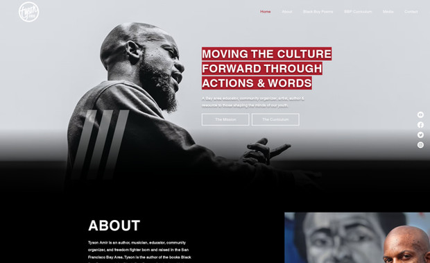 Tyson Amir: Website redesign for Tyson Amir, author, activist and educator based in Oakland, CA. Website design for influencers and authors. Dark and moody website. 