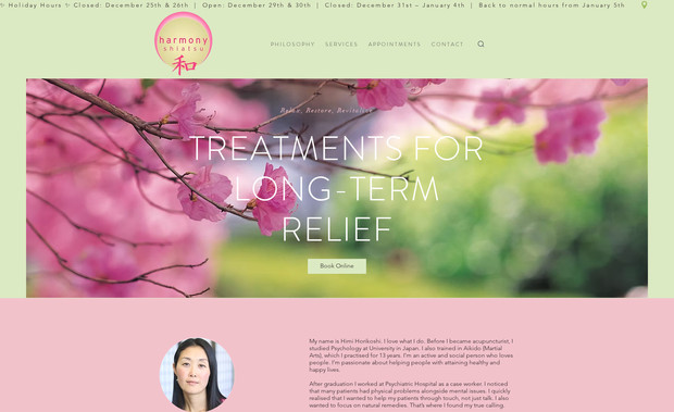 Harmony Shiatsu: Harmonay Shiatsu wanted to integrate their existing booking system into a new website that was on-brand and could offer gift-cards.