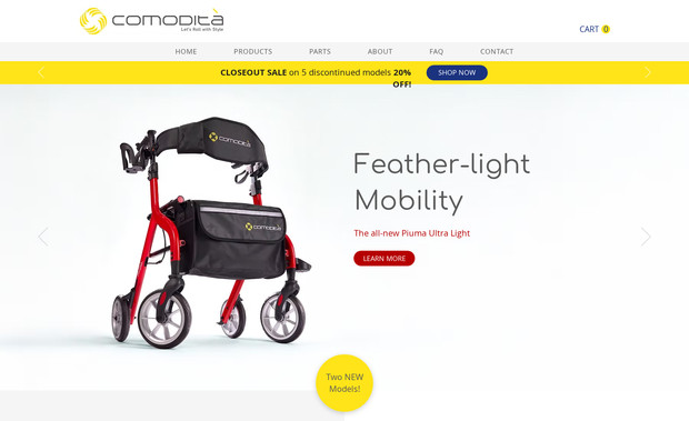 Comodita-USA: An e-commerce website for high-design and quality walkers for a design and manufacturing company. Includes custom database-driven product filtering and selection aids.