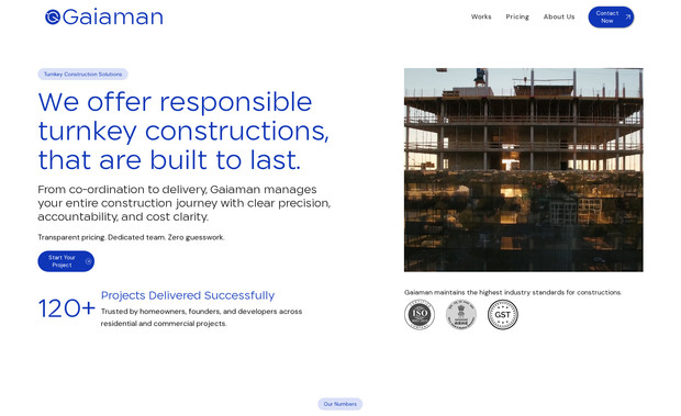 Gaiaman Constructions: For Gaiaman Construction Company, we crafted a clean, modern, and user-centric website that reflects the brand’s commitment to thoughtful design and elevated lifestyle experiences. The site features carefully structured content, crisp typography, and engaging visuals that highlight Gaia Man’s unique services and creative ethos. By organizing information around intuitive navigation and compelling calls-to-action, we ensured visitors can easily explore brand offerings, understand value propositions, and connect with the team — all within a polished and cohesive digital experience. (gaiaman.in)

Built on Wix Studio, the website delivers seamless responsiveness across devices and simplifies content management for the Gaia Man team. Leveraging Wix’s flexible CMS tools and layout system, we created dynamic sections that can be easily updated while maintaining visual consistency. With integrated contact points and optimized performance, the site not only reinforces brand identity but also supports improved engagement and conversion. The result is a refined online presence that aligns with Gaia Man’s vision and enhances connection with their audience.