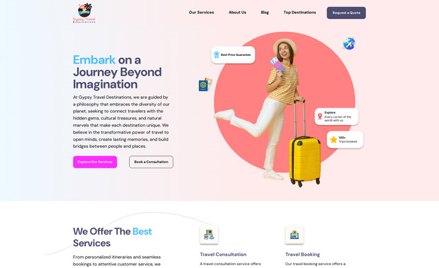 Gypsy Travel Destinations: Gypsy Travel Destinations is travel agency that focuses on customer experience. Shawna, the owner will personally work with you to plan the trip of your dreams. 

The SugarFree Designs team and Gypsy Travel Destinations partnered together to build an amazing functional website that shows off the fun side of their brand while still being informative and functional. This site was built using Wix Studio.