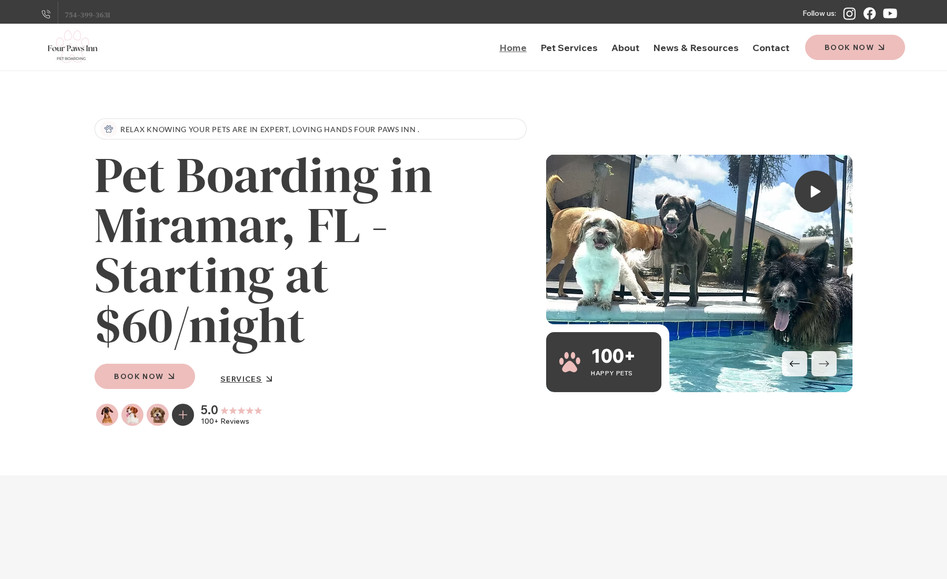 Four Paws Inn: A conversion-optimized website for a premium, home-based pet boarding service in Pembroke Pines/Miramar, Florida, designed to build trust with pet parents and streamline the booking process. Built on Wix, the site positions Four Paws Inn as a superior alternative to traditional kennels and app-based sitters through compelling storytelling, social proof, and strategic user experience design.