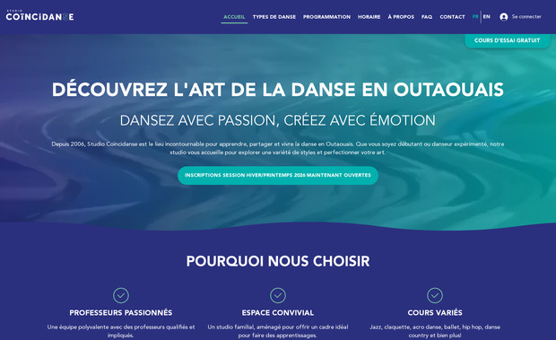 Studio Coïncidanse: Designed a fully responsive bilingual website from scratch, featuring a custom dynamic CMS to organize and manage dance classes.