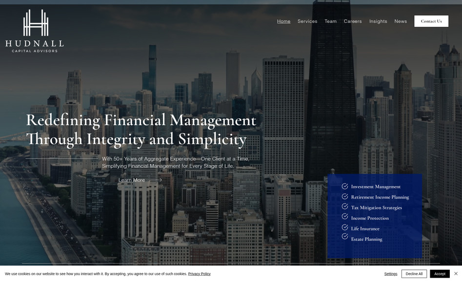 Hudcapstrategies: I had the privilege of working as the web designer and project manager for HudcapAdvisors.com, a project that involved creating a professional online presence for this financial advisory firm. From the initial consultation to the website’s successful launch, I ensured the project aligned with their goals, resonated with their audience, and delivered a seamless digital experience.  

The project began with in-depth discussions with the Hudcap Advisors team to fully understand their business model, target audience, and key differentiators. This collaboration informed the website’s design and functionality, ensuring it communicated their brand identity effectively. I took a hands-on approach, leading a team of designers, developers, and content specialists while working closely with the client throughout the project.  

The website was designed to be visually compelling and user-friendly, with a layout that showcased Hudcap Advisors’ expertise and core services. Emphasis was placed on clear navigation, enabling visitors to easily find information about the firm’s capabilities and value proposition. Every page was optimized for responsive design, ensuring the site performed seamlessly on desktop, tablet, and mobile devices.  

Leveraging my expertise in Wix, I incorporated advanced customizations to deliver a tailored solution. This included integrating key functionalities to enhance usability and optimize the site’s performance. I also applied SEO best practices, laying the groundwork for improved visibility in search results, and ensuring the content and structure adhered to industry standards.  

Content development was another critical component. I collaborated with Hudcap Advisors to refine their messaging, making it concise yet impactful. The site’s copy and visuals were strategically arranged to highlight their professional approach and the unique value they bring to clients.  

Before the website went live, I conducted thorough testing to ensure every element functioned as intended. After the launch,  I offered ongoing support for any adjustments, ensuring their digital presence remained optimized post-launch.  

This project reflects my commitment to delivering user-centric, scalable solutions that drive results. By combining technical expertise with a collaborative approach, I created a website for Hudcap Advisors that effectively represents their brand and helps them connect with their audience.  

