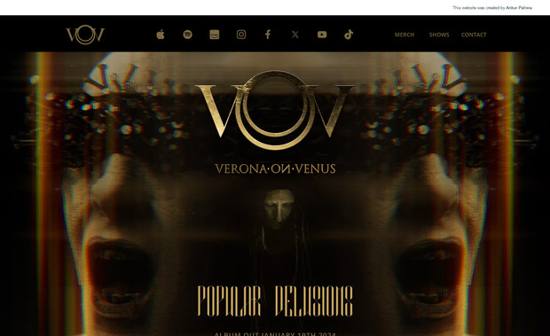 VERONA ON VENUS: Designed and developed the Verona on Venus website as a compelling landing page for their upcoming album, Popular Delusions. The site captures the essence of the album with its engaging visuals and streamlined design, effectively building anticipation and providing fans with a dynamic preview of the new release.