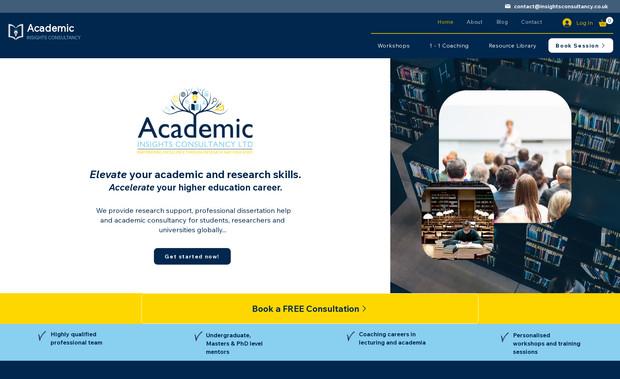 Insights Consultancy: A responsive, modern website offering online academic tutoring and guidance for university course students.