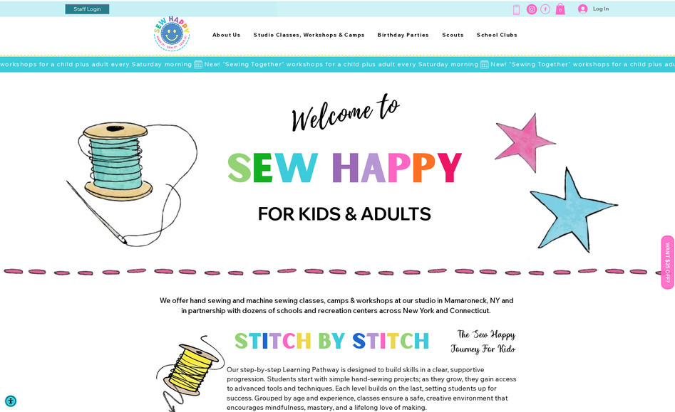 Sew Happy: A sewing studio offering classes and camps for children in Westchester needed a new website as part of rebranding, offering a more streamlined experience for their customers. Integration with email marketing and booking engines.