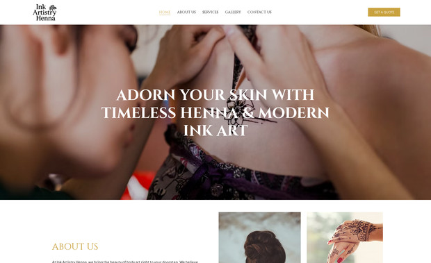 Ink Artistry Henna: We created a polished, responsive website for a body art brand, showcasing their services like bridal henna, temporary tattoos, workshops, and parties.