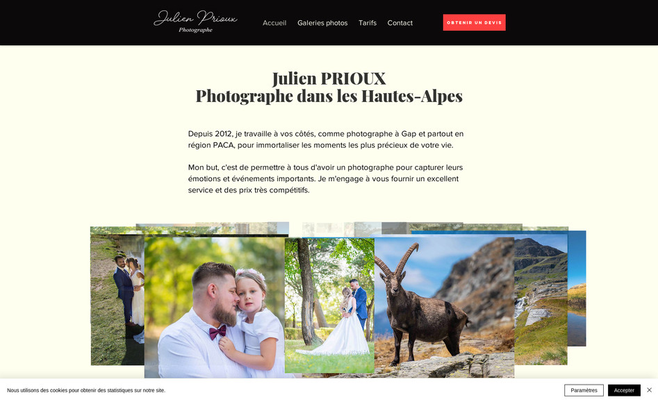 Julien Prioux: Conception d'un site Internet de photographe professionnel à Gap, dans les Hautes-Alpes, en France. Le site web a été construit pour pouvoir, à terme, disposer d'une boutique en ligne, pour que les clients commandent leurs photos directement (e-commerce). 