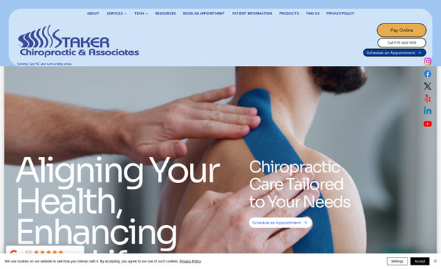 Staker Chiropractic & Associates: A clean, wellness-focused Wix Studio site built to support a chiropractic practice serving the Cary community. It features intuitive navigation, mobile responsiveness, and geo-targeted SEO to attract local patients. Service pages highlight holistic care offerings, while integrated booking and contact forms streamline appointment scheduling. Calming visuals and accessible design foster trust and ease for new and returning clients.
